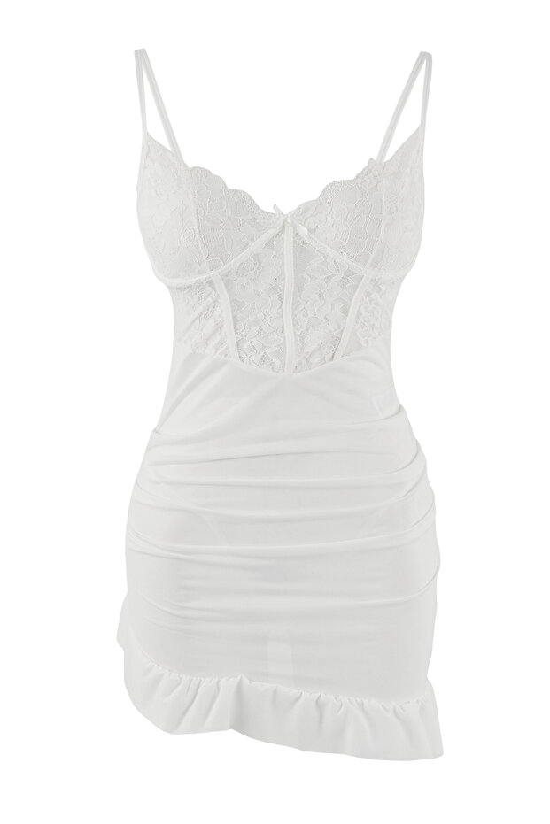 Beyaz Büzgülü İp Askılı Külotlu Babydoll/Fantezi Gecelik THMAW26LL00014 - 5