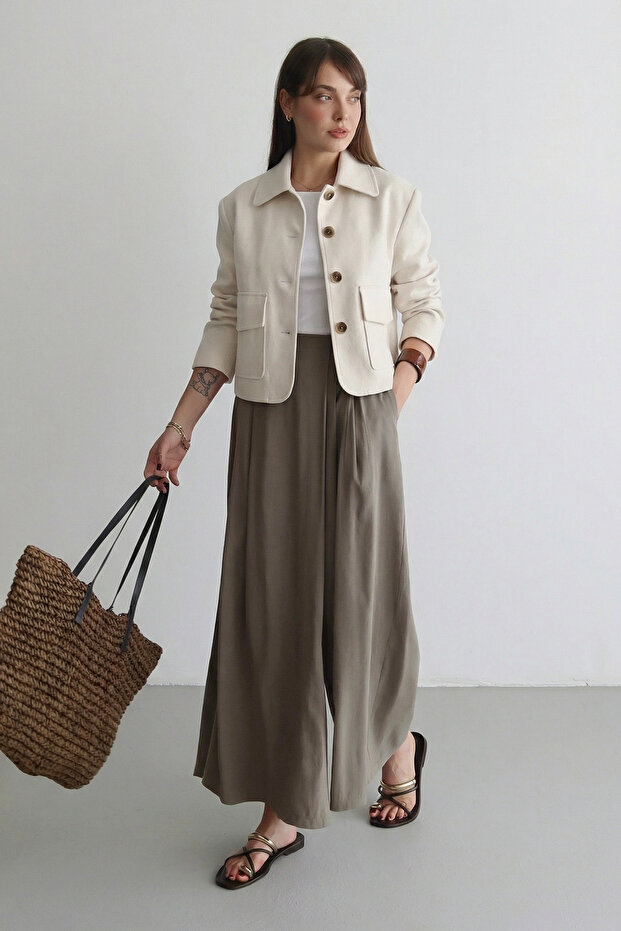 Bej Oversize Düğmeli %100 Pamuk Ceket TWOSS26CE00021 - 1