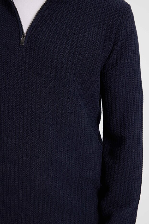 Erkek Slim Fit Dar Kesim Dik Yaka Fermuarlı Desenli Lacivert Triko Kazak - 5