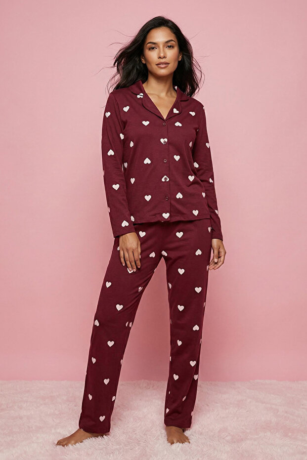 Bordo %100 Pamuklu Kalp Desenli Örme Pijama Takımı THMAW21PT0548 - 5
