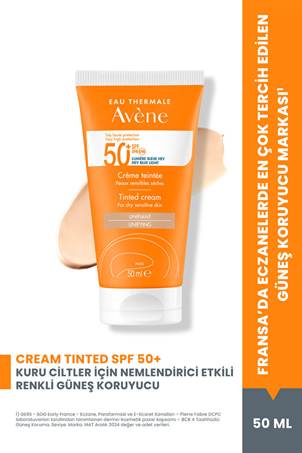 Cream SPF 50+ Kuru Ciltler için Renkli Güneş Kremi Yüksek Koruma ve Nemlendirici Etkili 50 ml - 1