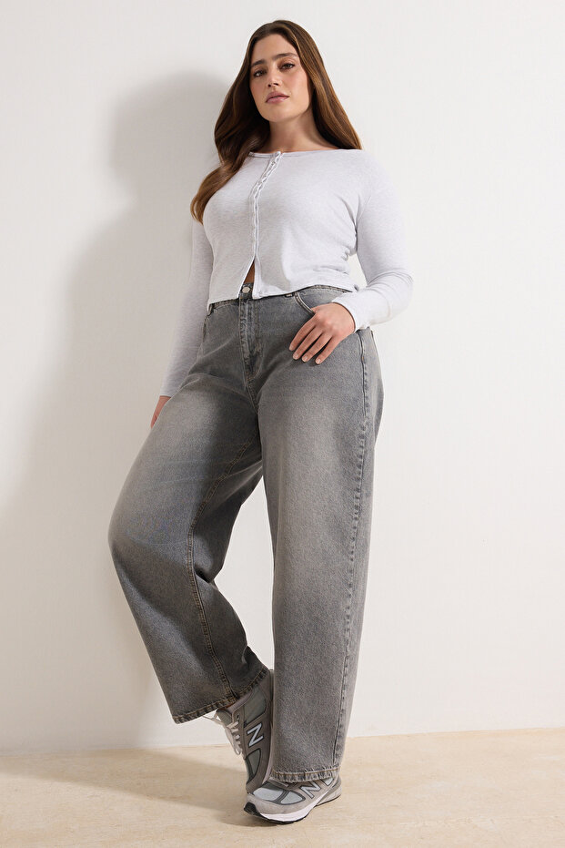 Gri Melanj Çıtçıtlı Crop Boy Basic Örme Büyük Beden Bluz TBBAW26AF00119 - 1