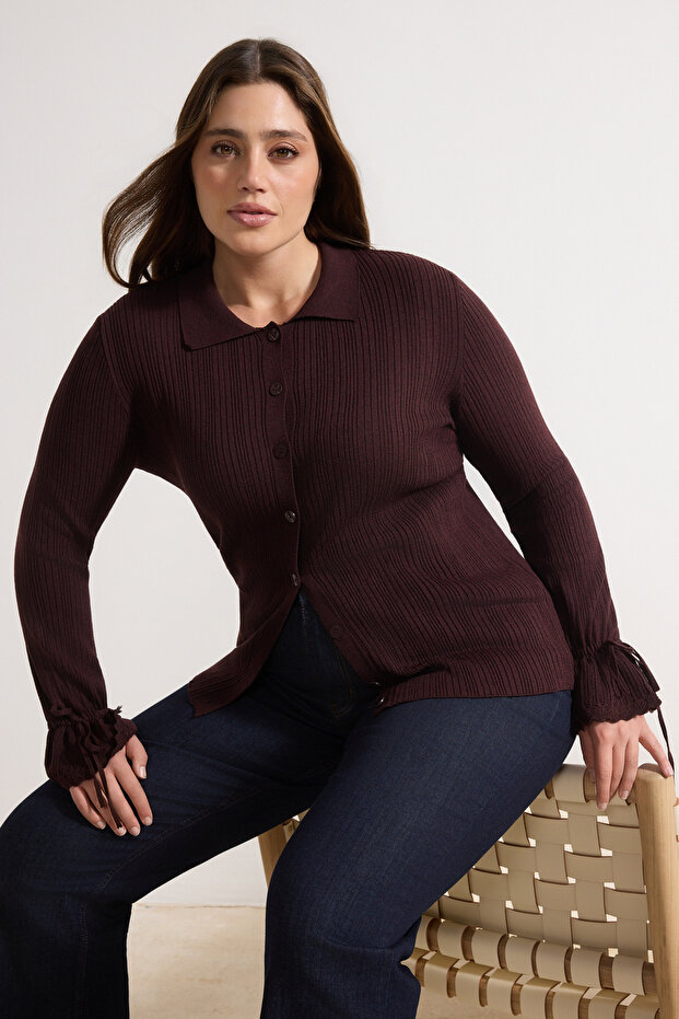 Bordo Merserize Görünümlü Fitilli Polo Yaka Triko Hırka TBBAW26AV00032 - 2
