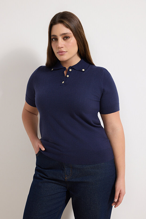 Lacivert Çıkarılabilir Fularlı Polo Yaka Premium/Özel İplik Triko Bluz TBBSS26AF00030 - 2