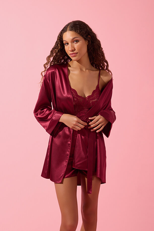 Bordo Saten Dantel Detaylı 4'lü Çeyiz Set Dokuma Pijama Takımı- Külot-Sabahlık THMSS26PT00036 - 1