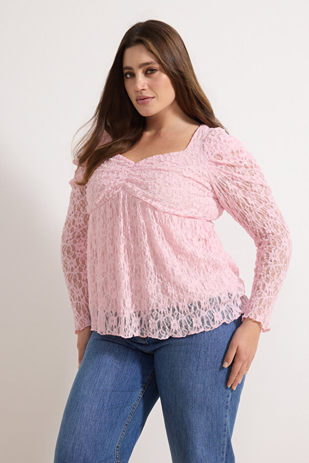 Pembe Kalp Yaka Dantel Örme Büyük Beden Bluz TBBSS26AF00024 - 2