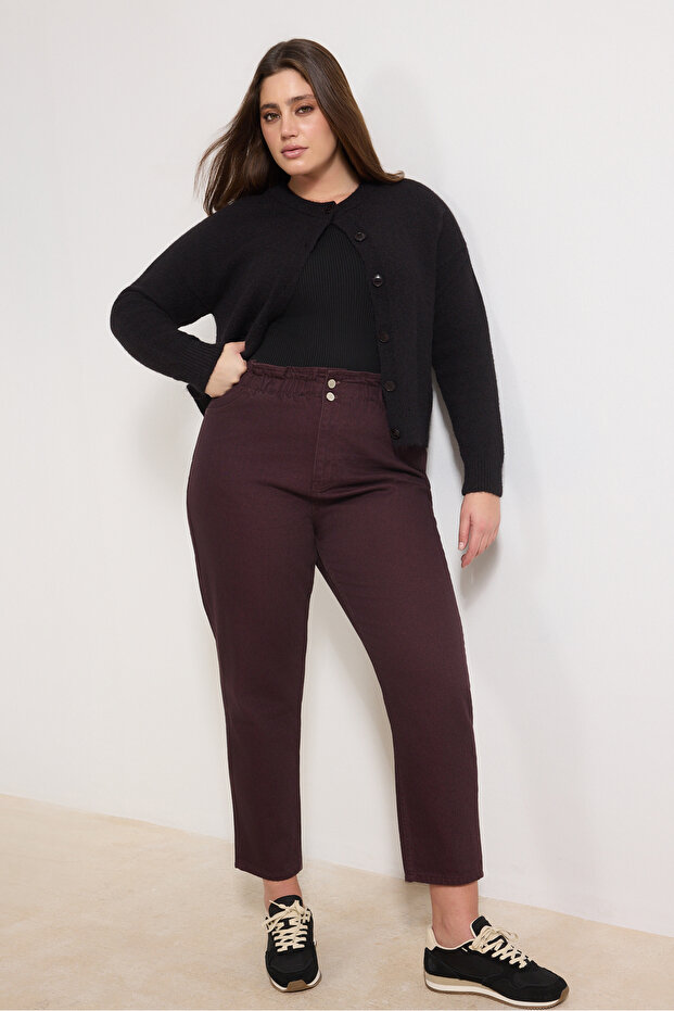 Bordo Yüksek Bel Beli Lastikli %100 Pamuk Büyük Beden Mom Jeans TBBAW23JE00002 - 2