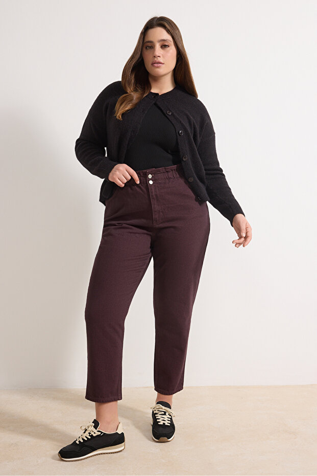 Bordo Yüksek Bel Beli Lastikli %100 Pamuk Büyük Beden Mom Jeans TBBAW23JE00002 - 1