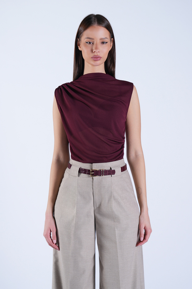 Burgundy High Neck Shoulder Draped Transparent Blouse Alc-X15151