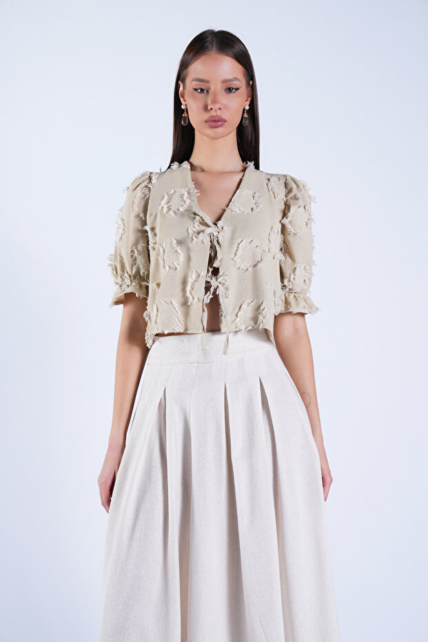 Green Balloon Sleeve Tassel Detailed Tie-Front Woven Blouse Alc-X15132