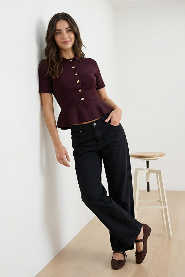 Mürdüm Peplum/Belden Oturmalı Düğme Detaylı Triko Bluz TWOSS26BZ00158 - 2