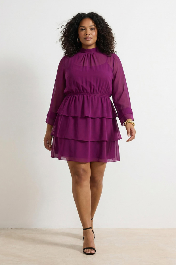 Plum Mini Chiffon Lined Woven Plus Size Dress TBBSS26AH00071