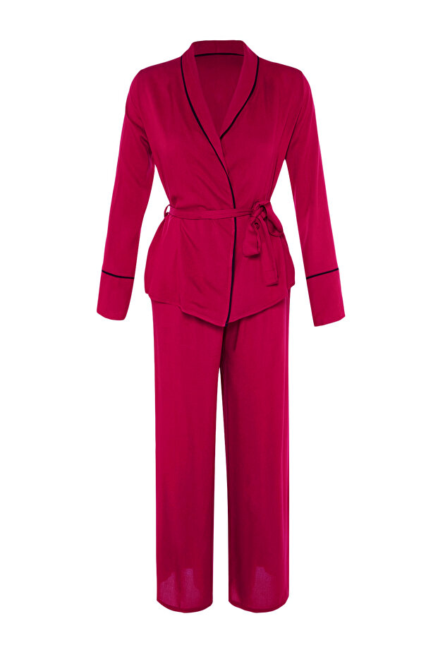 Bordo Kuşaklı Biye Detaylı Kruvaze Viskon Dokuma Pijama Takımı THMAW22PT1109 - 8