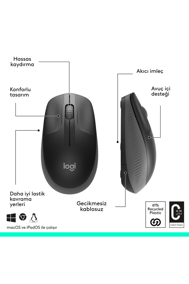 M190 Büyük Boy USB Alıcılı 1000 DPI Kablosuz Mouse, Koyu Gri 910-005905 - 7