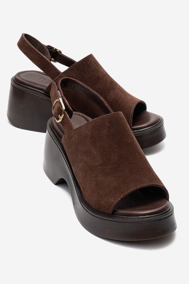 POWER Brown Suede Genuine Leather Women's Wedge Heel Sandals