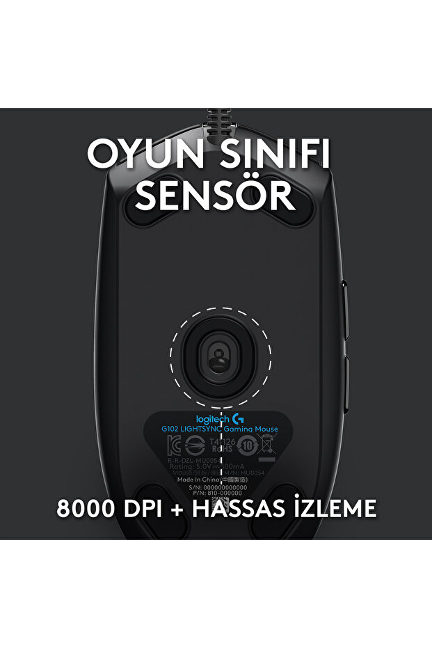 G G102 LIGHTSYNC RGB Aydınlatmalı 8000 DPI Kablolu Oyuncu Mouse, Siyah 910-005823 - 5