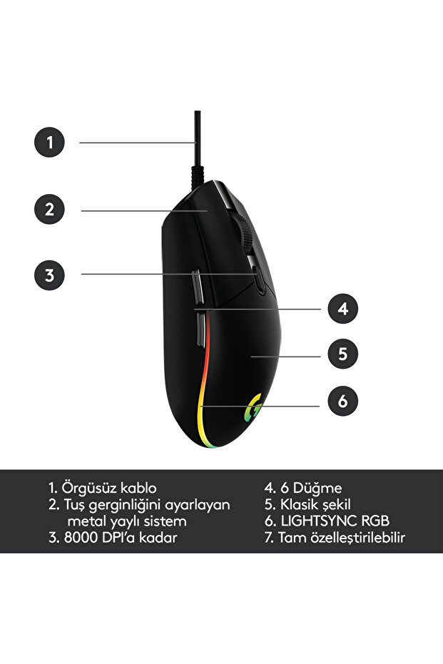 G G102 LIGHTSYNC RGB Aydınlatmalı 8000 DPI Kablolu Oyuncu Mouse, Siyah 910-005823 - 8