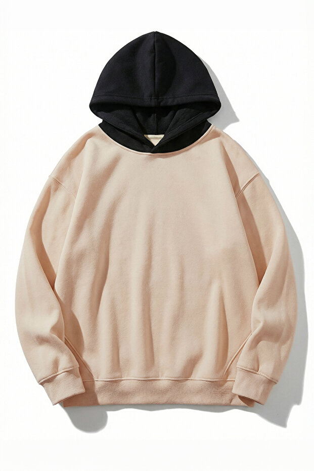 Bej-Siyah Oversize/Geniş Kesim Kapüşonlu İçi Şardonlu Sweatshirt TMNAW26SW00048 - 1