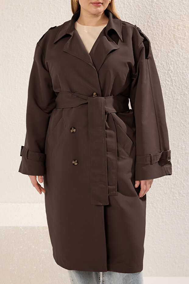 Kahverengi Uzun Oversize Büyük Beden Trençkot TBBSS25BM00002 - 6
