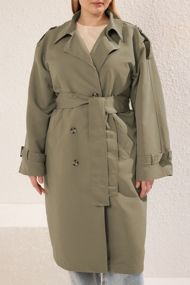 Açık Haki Uzun Oversize Büyük Beden Trençkot TBBSS25BM00002 - 5