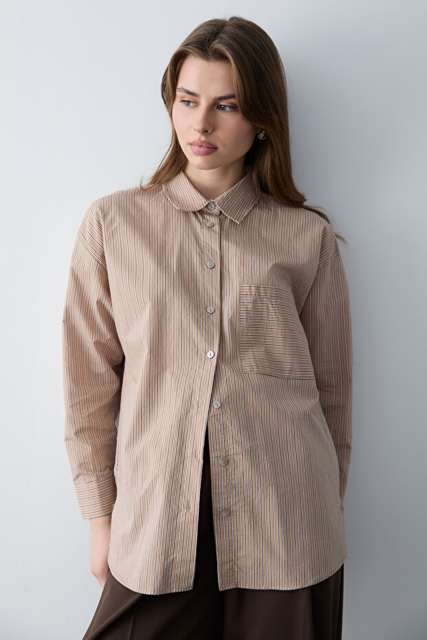 Kahverengi Çizgili Dokuma Oversize Gömlek TWOSS26GO00148 - 2