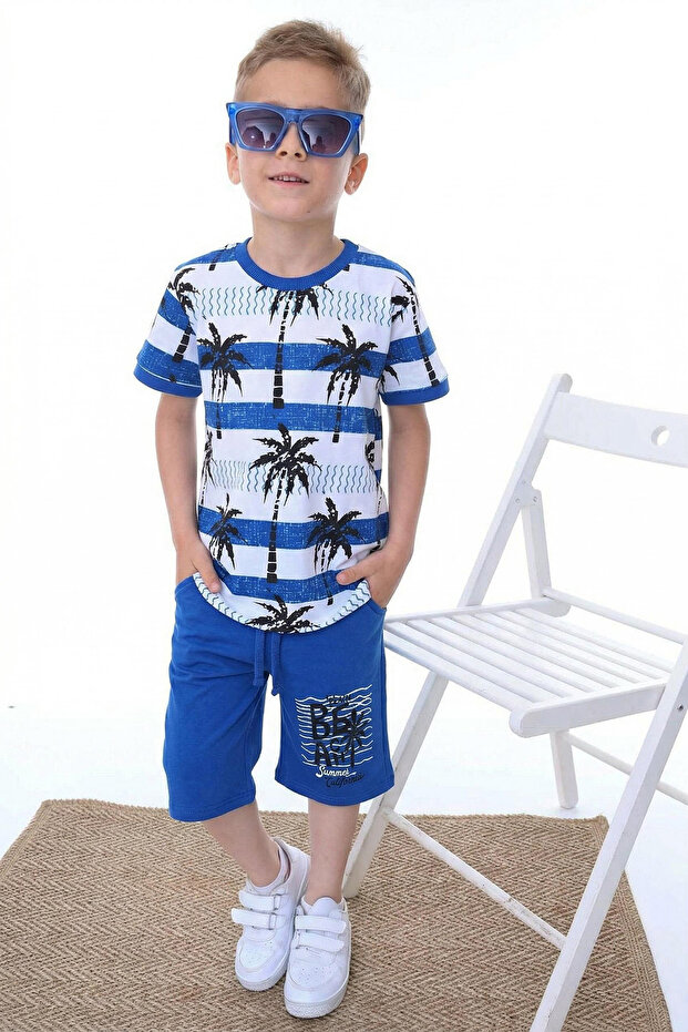 Mavi Erkek Çocuk Palmiye Desenli T-Shirt-Şort Örme Alt-Üst Takım TKDSS24AU00028 - 3