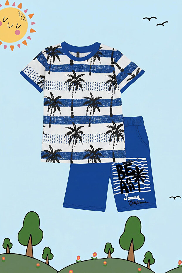 Mavi Erkek Çocuk Palmiye Desenli T-Shirt-Şort Örme Alt-Üst Takım TKDSS24AU00028 - 4