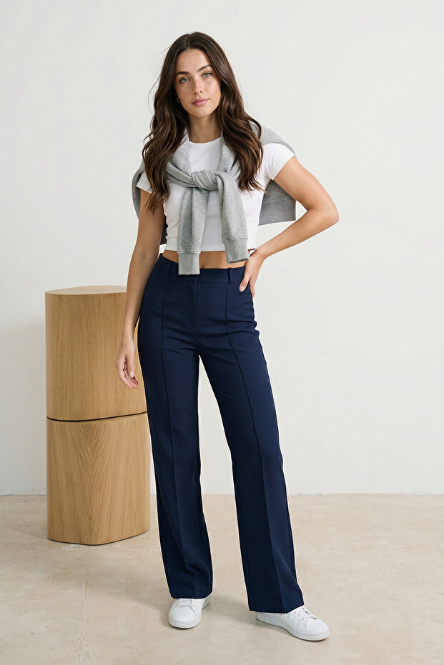 Lacivert Straight/Düz Kesim Yüksek Bel Nervür Dikişli Dokuma Pantolon TWOSS21PL0093 - 1