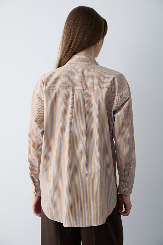 Kahverengi Çizgili Dokuma Oversize Gömlek TWOSS26GO00148 - 5