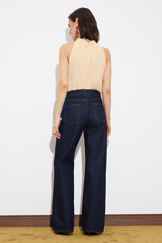 Limited Edition Koyu Mavi DÖKÜMLÜ Cep Detaylı Yüksek Bel %100 Pamuk Wide Leg Jeans TWOSS26JE00028 - 9