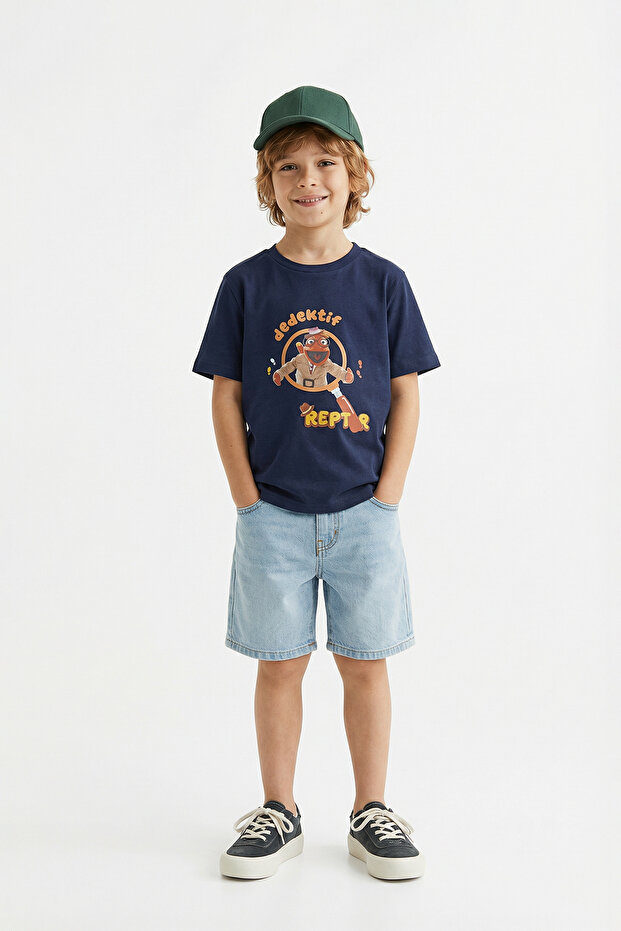 Lacivert Dedektif Reptır Baskılı Erkek Çocuk Örme T-Shirt TKDSS26TS00060 - 1