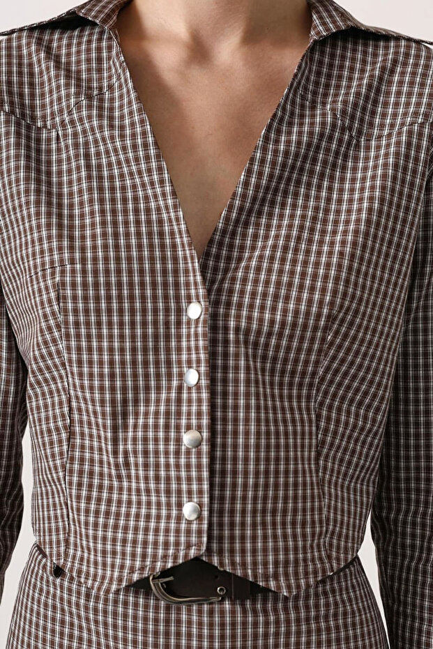 Kahverengi-Çok Renkli Mini Ekoseli Fitted Crop Gömlek TWOSS26GO00150 - 4