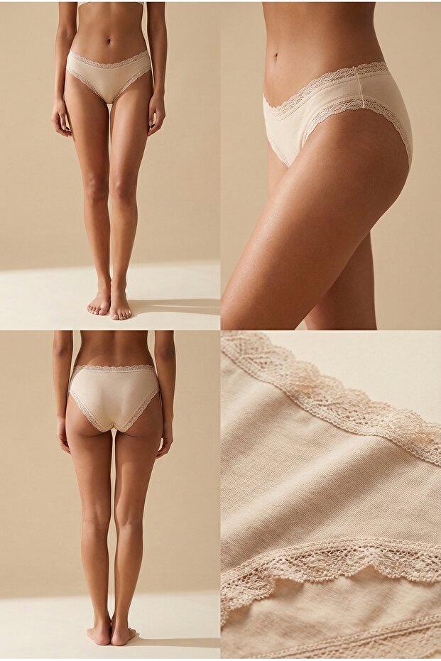 Kadın 3'lü Dantelli Basic Slip Külot Ten - 1