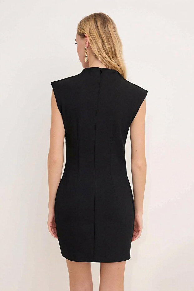 Wardrope Essentials Siyah Drape Detaylı Dik Yaka Kısa / Mini Dokuma Elbise TWOSS26EL00306 - 8