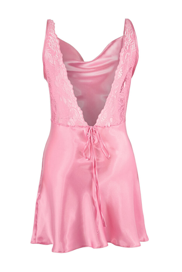 Pembe Dantel ve Sırt Detaylı Saten Dokuma Gecelik THMSS25GC00015 - 4