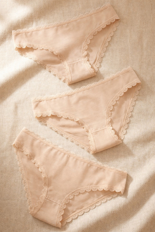 Kadın 3'lü Dantelli Basic Slip Külot Ten - 3