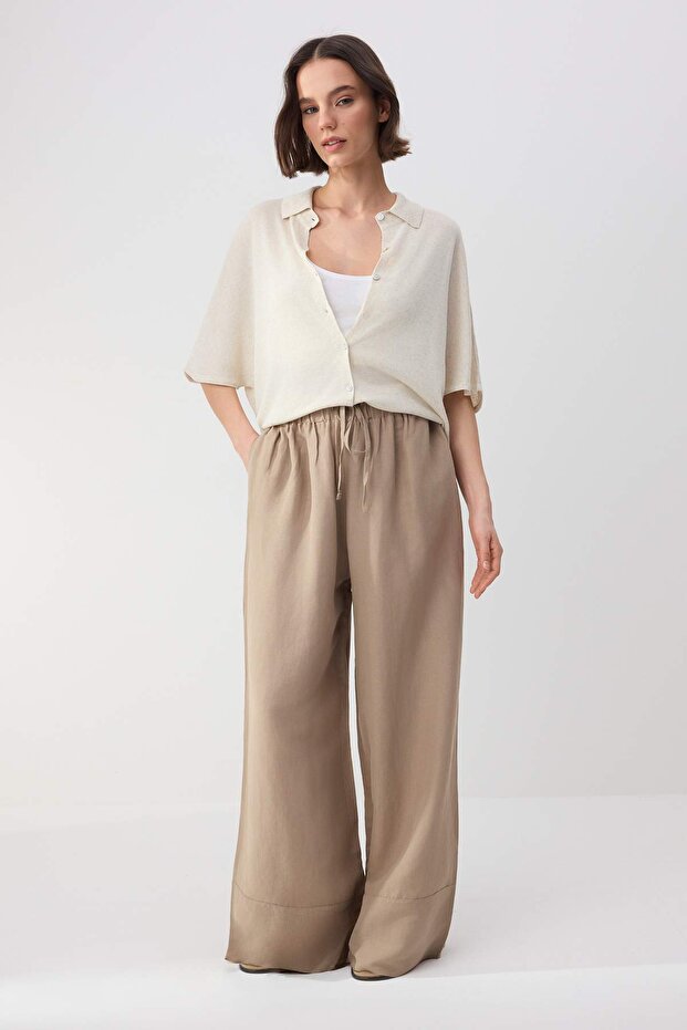 Wardrobe Essentials Vizon Keten İçerikli Geniş Paça Beli Lastikli Pantolon TWOSS25PL00124 - 1