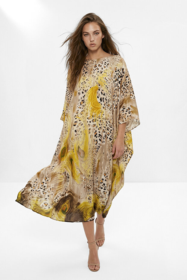 Bej Kare Kaftan Leopar Desen Beden Seçmeyen Maxi Dokuma %100 Viskoz Tesettür Elbise TCTSS26EB00161 - 3