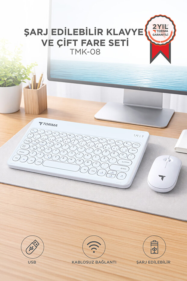 Bluetooth Kablosuz Klavye Mouse Seti TMK08 Beyaz - 1