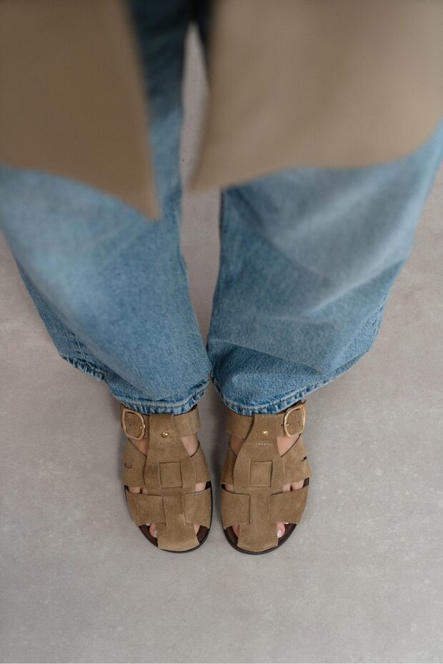Lenox Rome Beige Genuine Suede Belt Detailed Flat Sole Women's Slippers