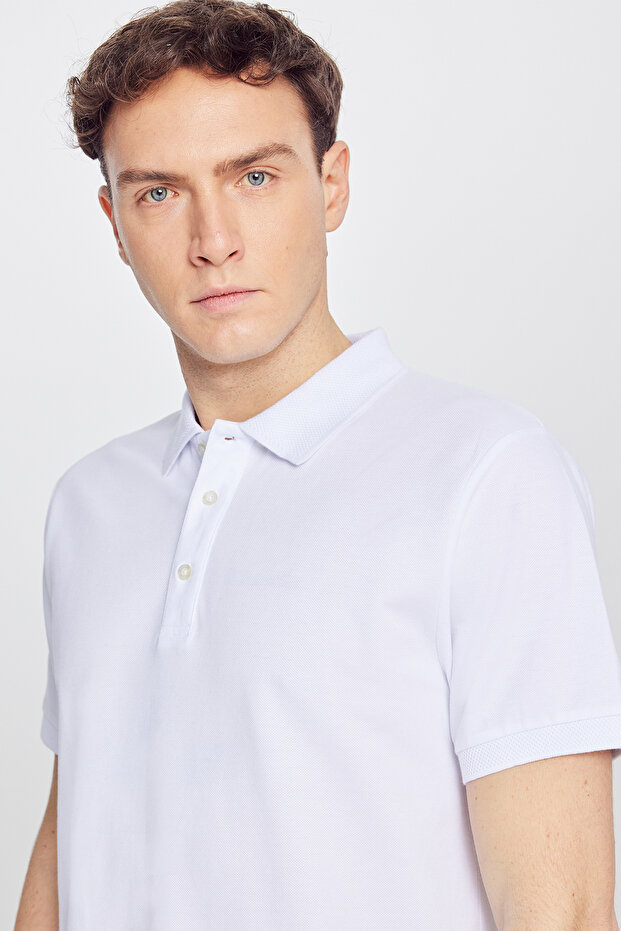 Erkek Beyaz %100 Pamuk Kıvrılmaz Pike Polo Yaka Slim Fit Dar Kesim Tişört - 7