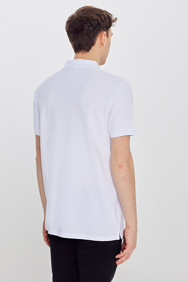 Erkek Beyaz %100 Pamuk Kıvrılmaz Pike Polo Yaka Slim Fit Dar Kesim Tişört - 9