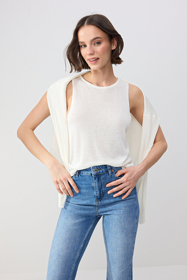 Wardrobe Essentials Ekru Kayık Yaka Oversize 2'li Atlet-Bluz Triko İnce Bluz TWOSS26BZ00283 - 6