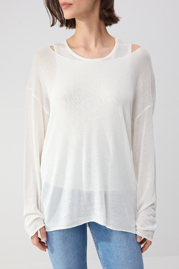 Wardrobe Essentials Ekru Kayık Yaka Oversize 2'li Atlet-Bluz Triko İnce Bluz TWOSS26BZ00283 - 9