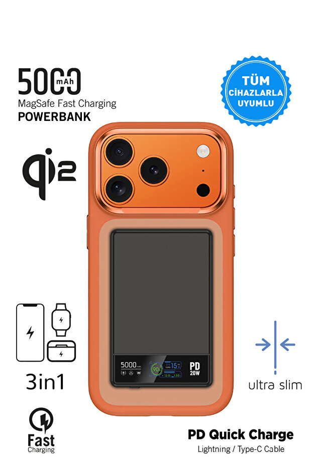 İntouch Magsafe QI2 Pd Quick Ultra Slim Powerbank 5000mAh TFT Smart Ekran Premium Hızlı Taşınabilir Batarya