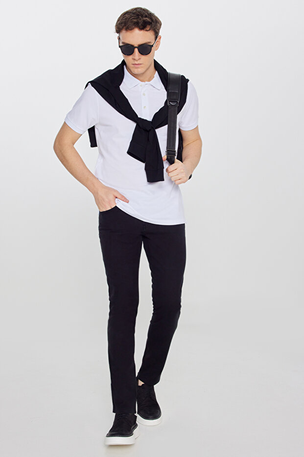 Erkek Beyaz %100 Pamuk Kıvrılmaz Pike Polo Yaka Slim Fit Dar Kesim Tişört - 4