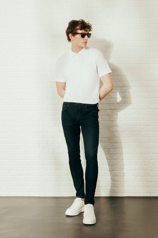 Erkek Beyaz %100 Pamuk Kıvrılmaz Pike Polo Yaka Slim Fit Dar Kesim Tişört - 3