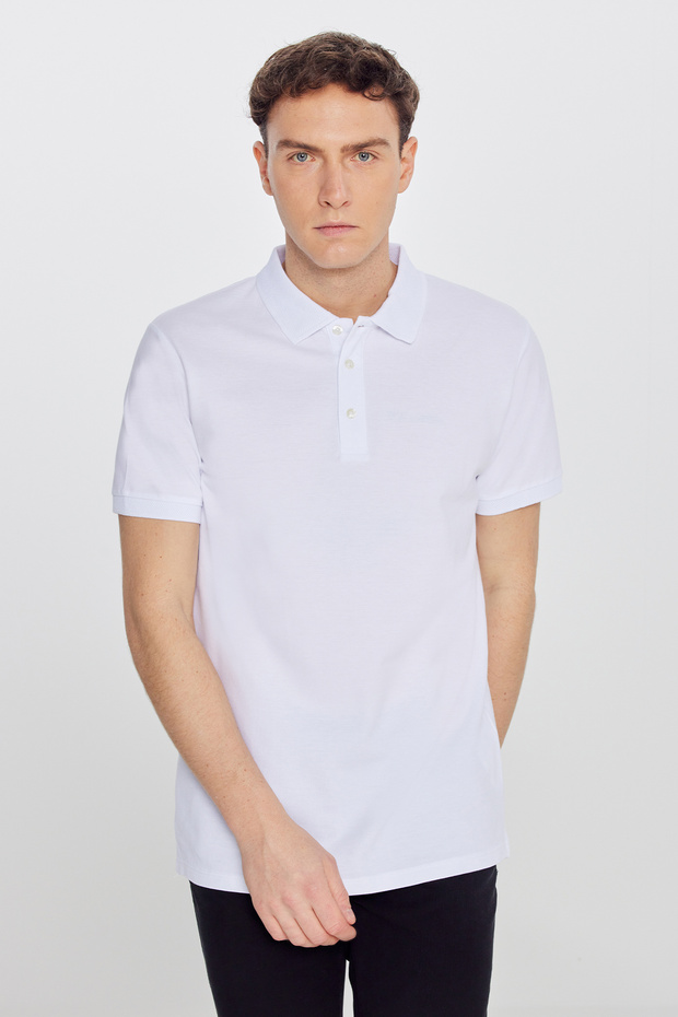 Erkek Beyaz %100 Pamuk Kıvrılmaz Pike Polo Yaka Slim Fit Dar Kesim Tişört - 6