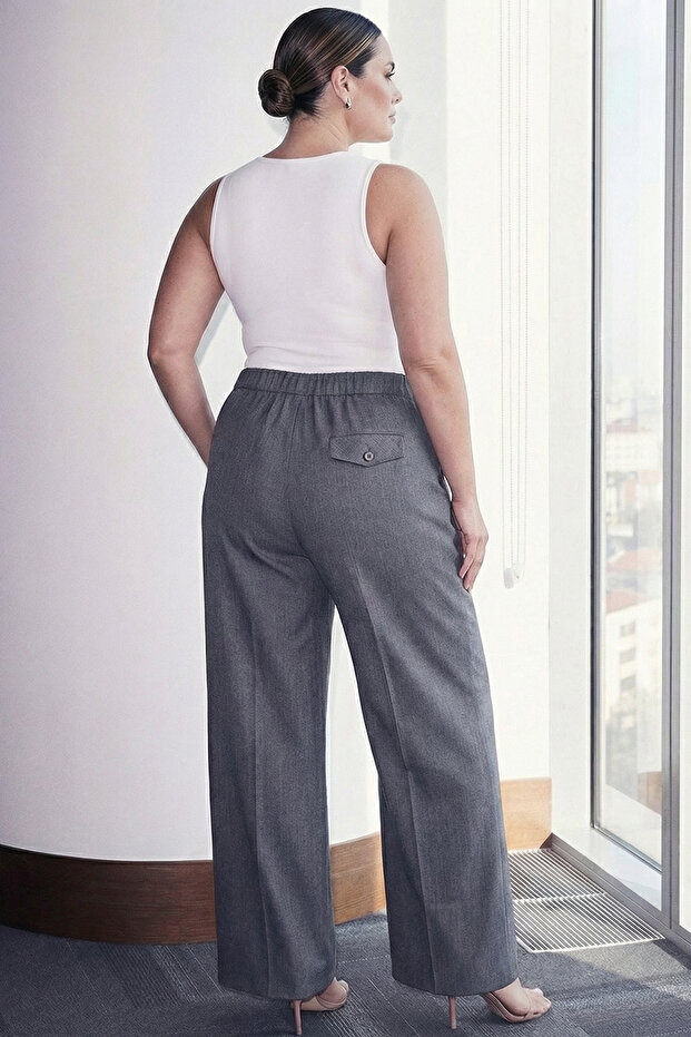Limited Edition Antrasit Çizgili Lastik Belli Wide Leg Büyük Beden Kumaş Pantolon TBBSS26AR00008 - 4