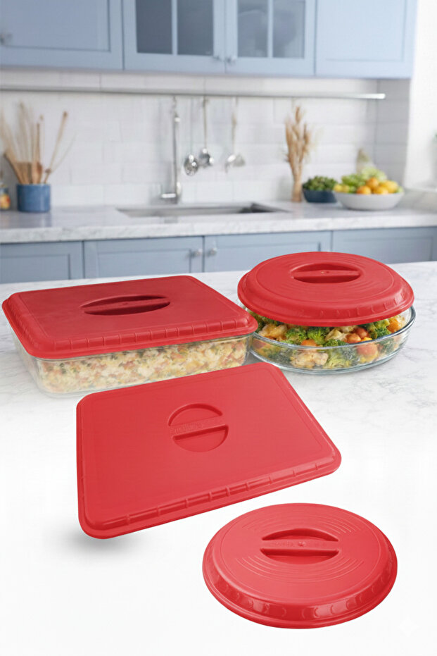 Red Leak-Proof Glass Jar Lid Round and Rectangular Food Storage 29X38 cm